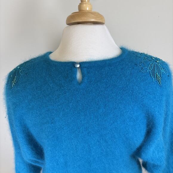 Lord & Taylor 80s Angora Teal Beaded Floral Fuzzy Sweater M - Picture 7 of 15